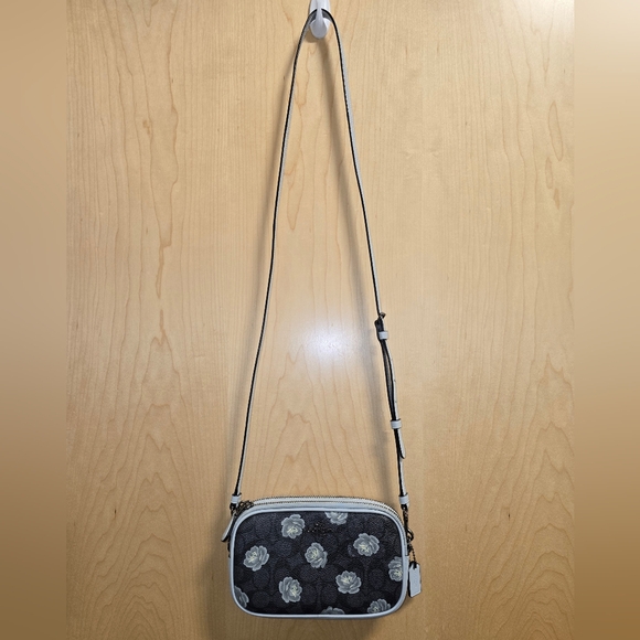 COACH 31855 Sadie Rose Print Wristlet Crossbody Bag Double Zipper Grey Sky Blue